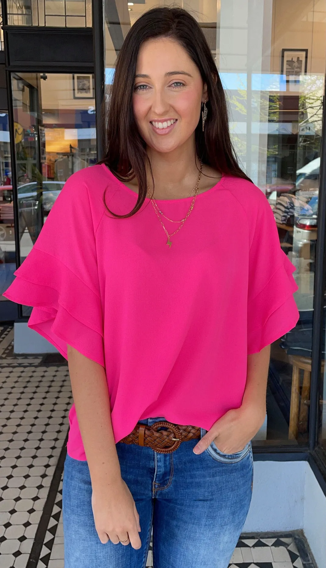 Jaz Ruffle Sleeve Top  Hot Pink