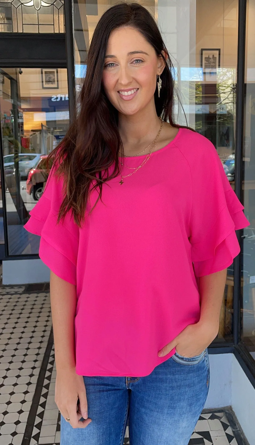 Jaz Ruffle Sleeve Top  Hot Pink