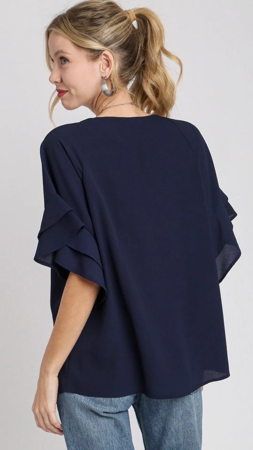 Jaz Ruffle Sleeve Top  Navy