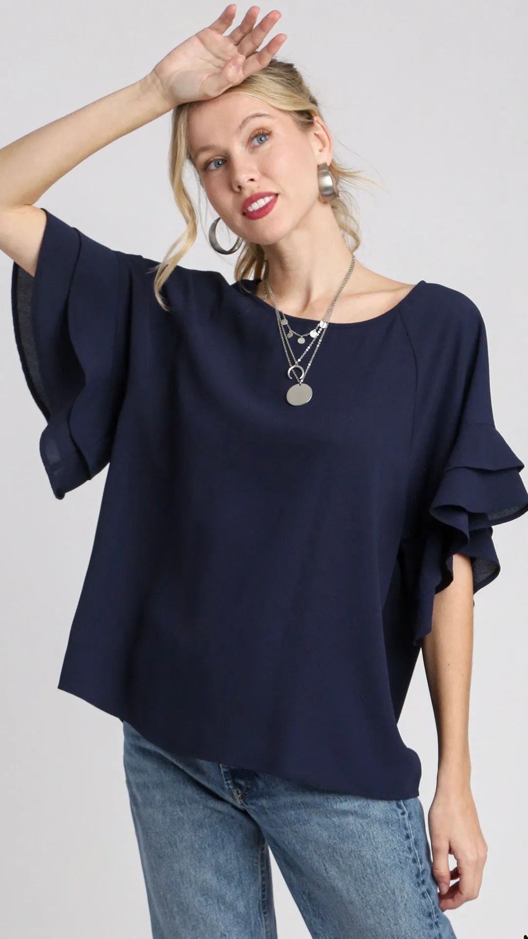 Jaz Ruffle Sleeve Top  Navy