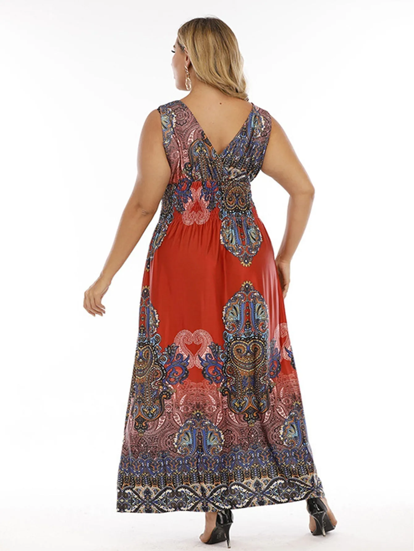 KittenAlarm - Plus Size Boho Print V Neck Smocked Waist Dress