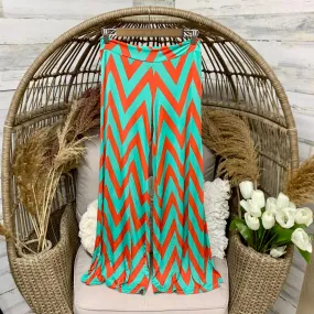 Last Chance Size Small, Medium & XL | Coral Orange and Seafoam Green Chevron Palazzo Pants