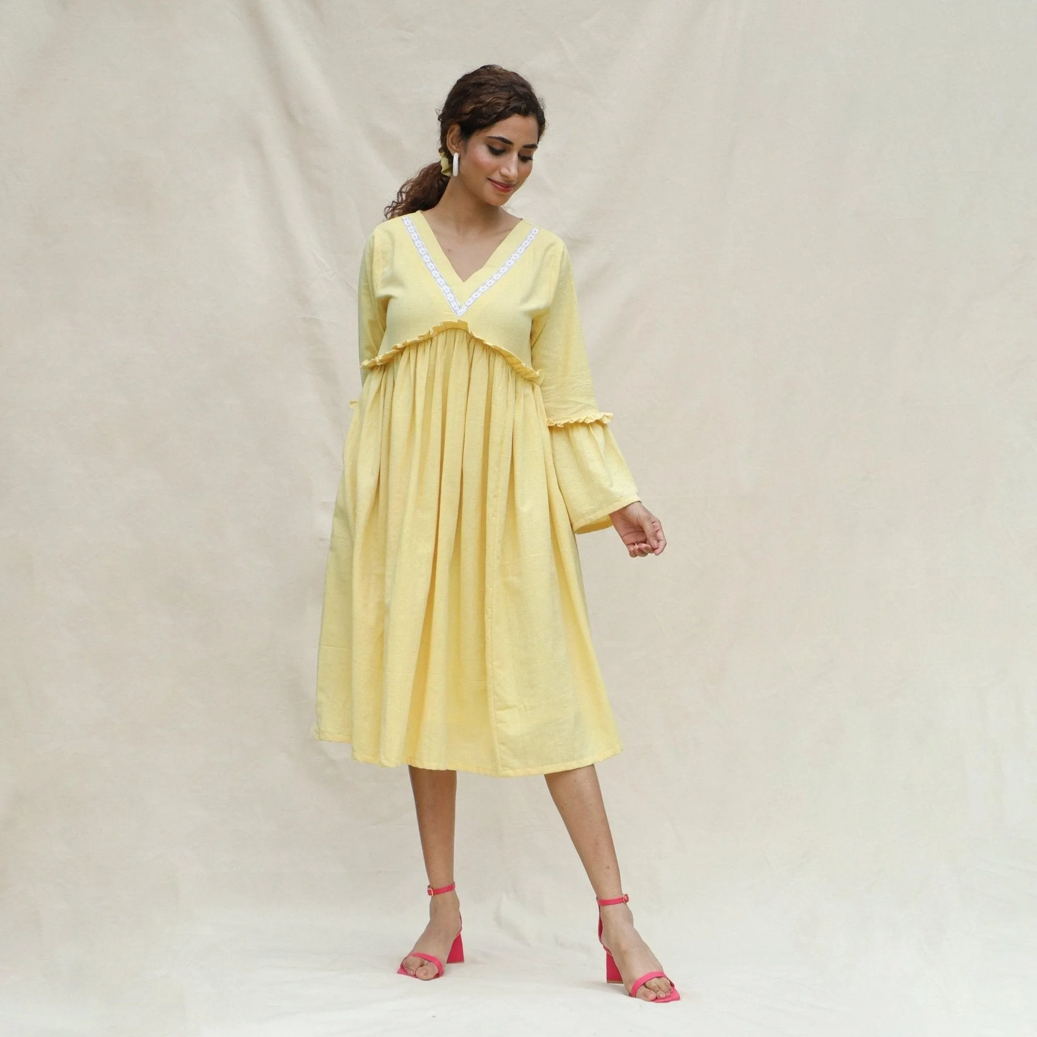 Light Yellow Handspun Cotton Bohemian Midi Dress