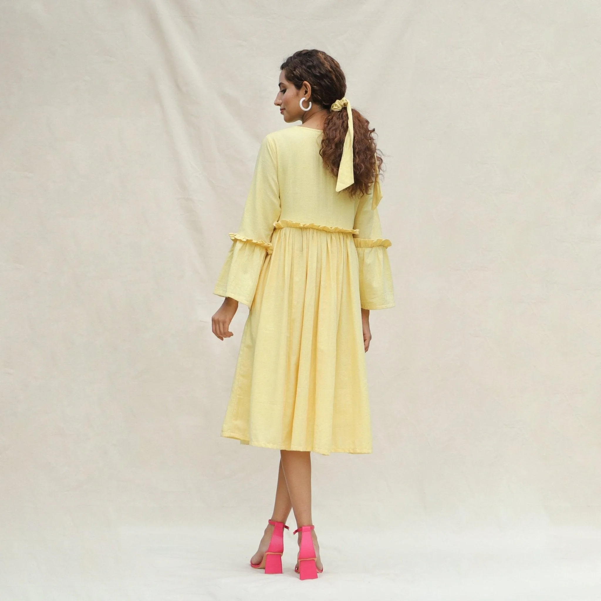 Light Yellow Handspun Cotton Bohemian Midi Dress