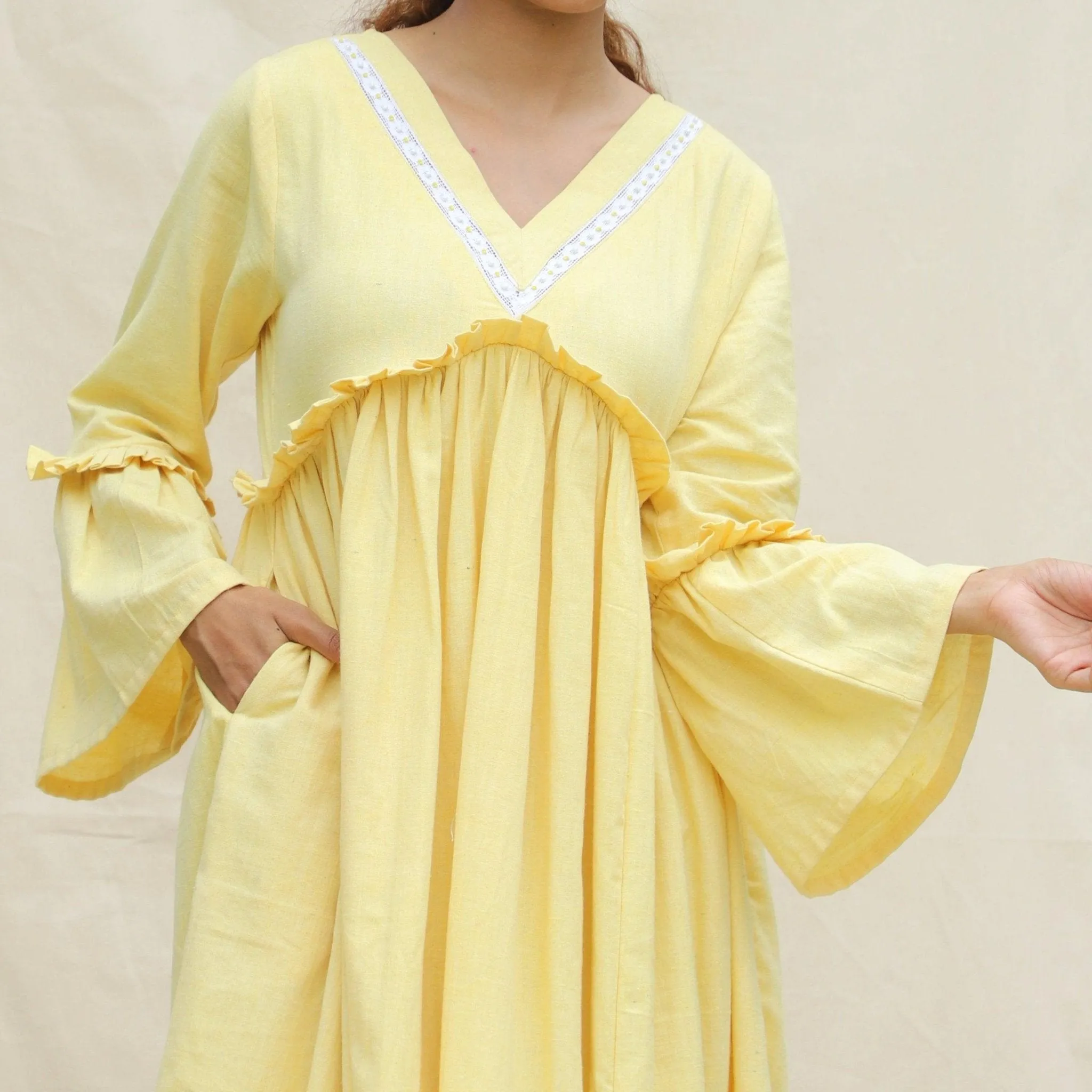 Light Yellow Handspun Cotton Bohemian Midi Dress