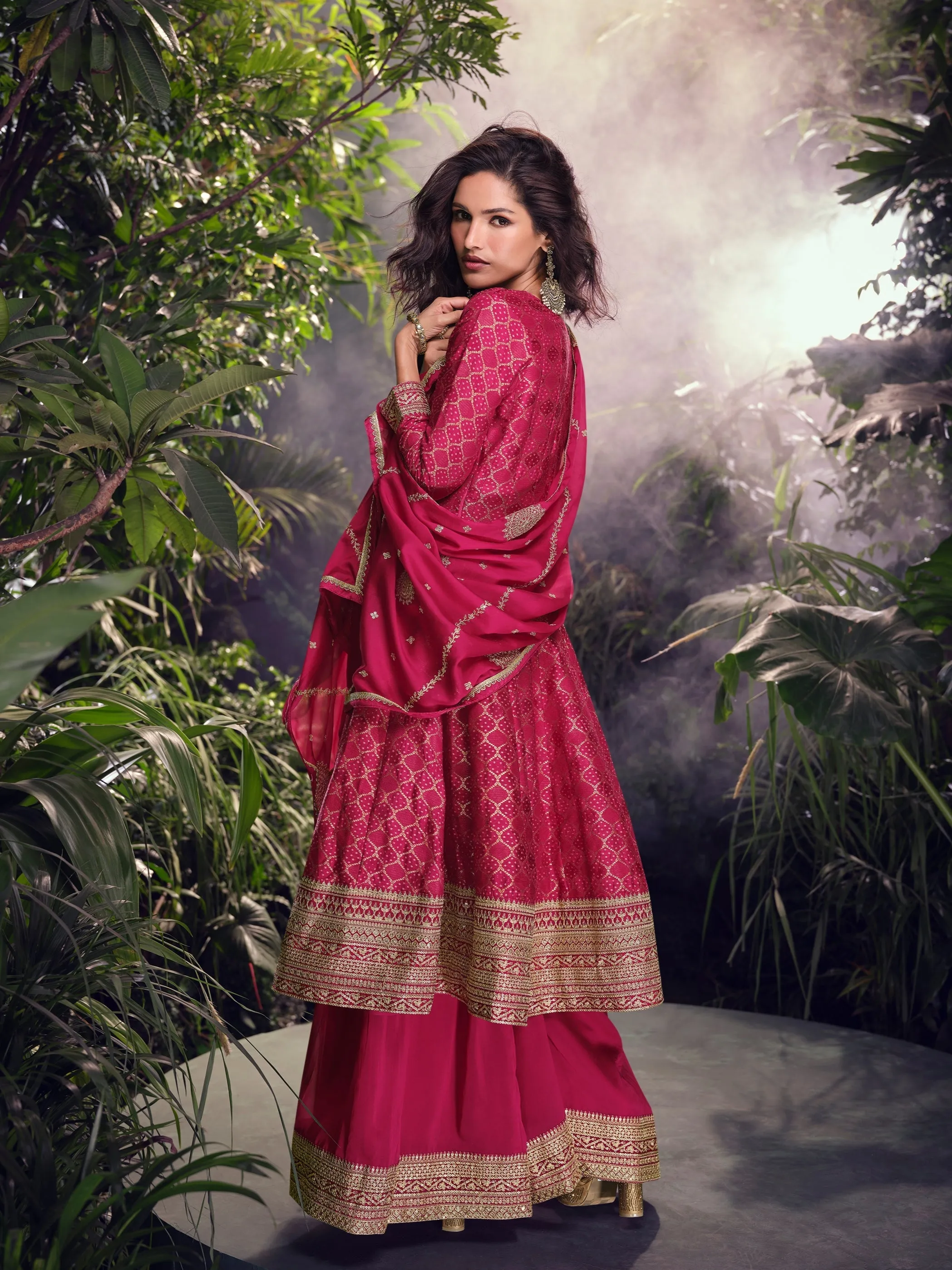 Magenta Embroidered Jacquard Silk Palazzo Set