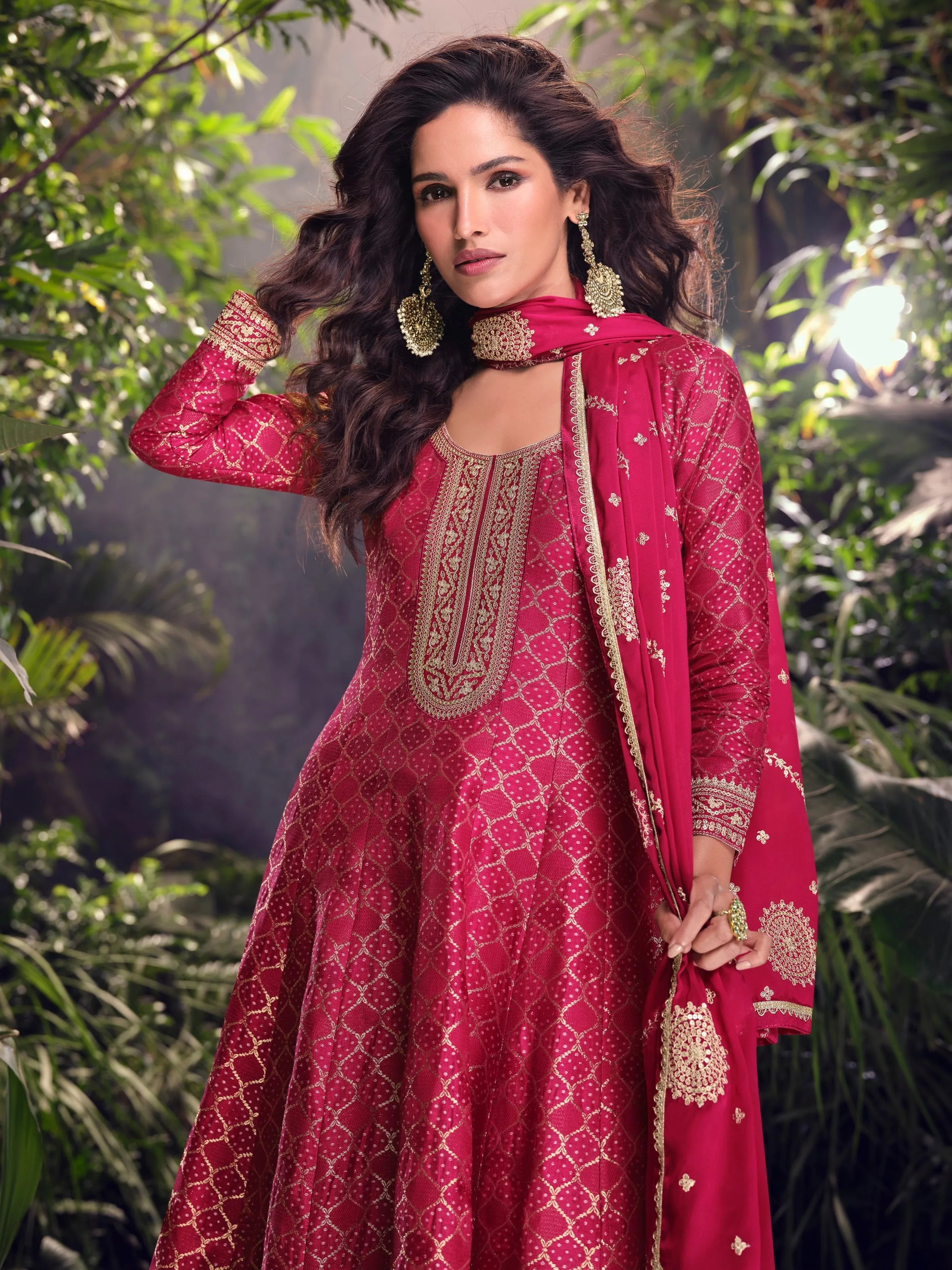 Magenta Embroidered Jacquard Silk Palazzo Set