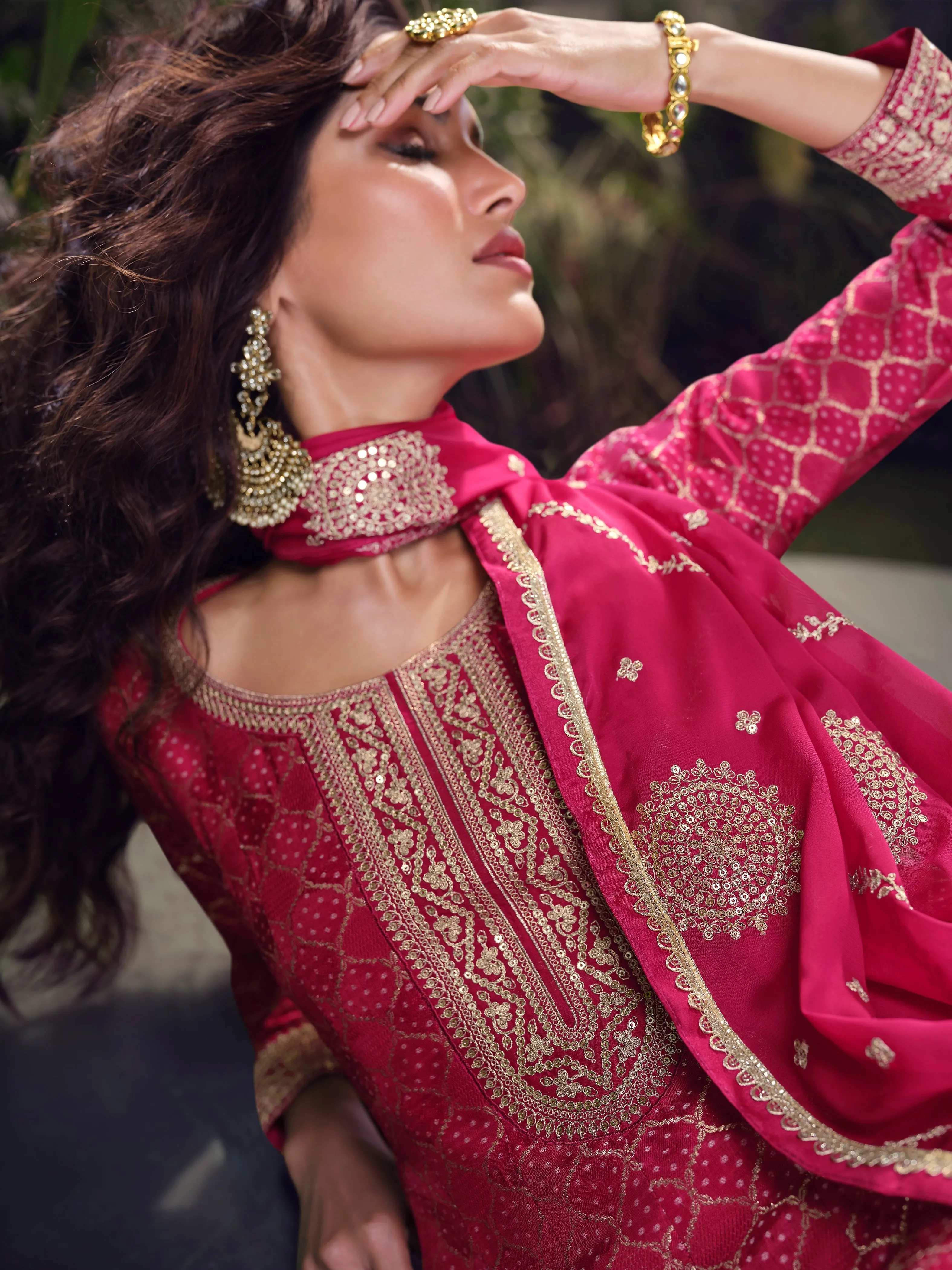 Magenta Embroidered Jacquard Silk Palazzo Set