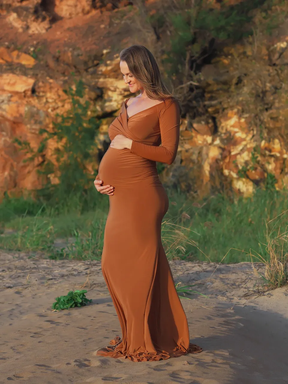 Maternity Photoshoot Dresses - Brown Long Sleeve Gown