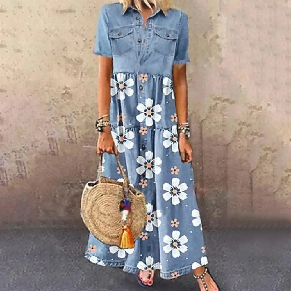 New in Formal Occasion Dresses for Women 2023 Long Solid Denim Pleated Short Sleeve Shirt Dress vestidos para mujer