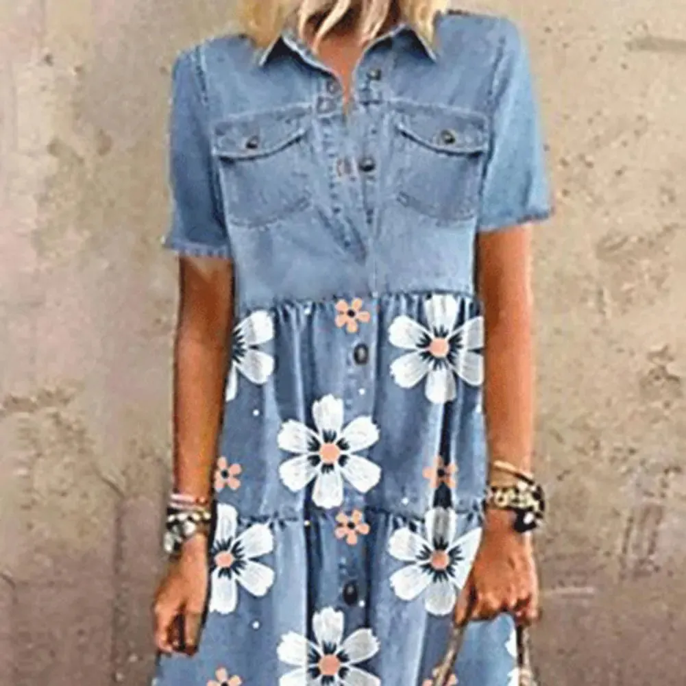 New in Formal Occasion Dresses for Women 2023 Long Solid Denim Pleated Short Sleeve Shirt Dress vestidos para mujer