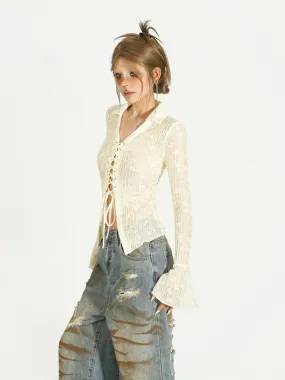 Nico Molly Lace-Up Ribbed Cardigan - Ivory (Women's)