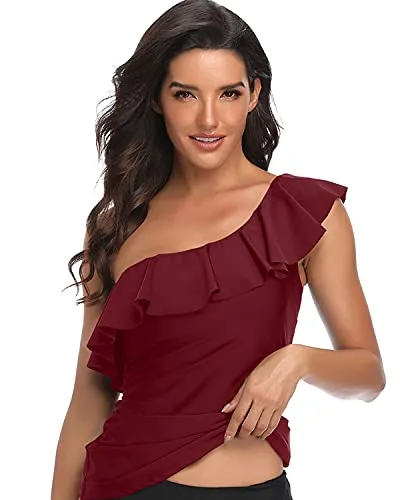 Off Shoulder Swim Top Ruffle Flounce Ruched Tummy Control Swimsuit Tops-Maroon