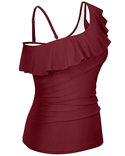 Off Shoulder Swim Top Ruffle Flounce Ruched Tummy Control Swimsuit Tops-Maroon