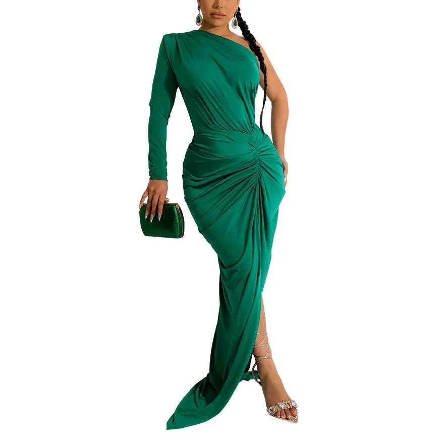 One-Shoulder Pleated Solid Color Maxi Dresses Wholesale Womens Clothing N3823103000099