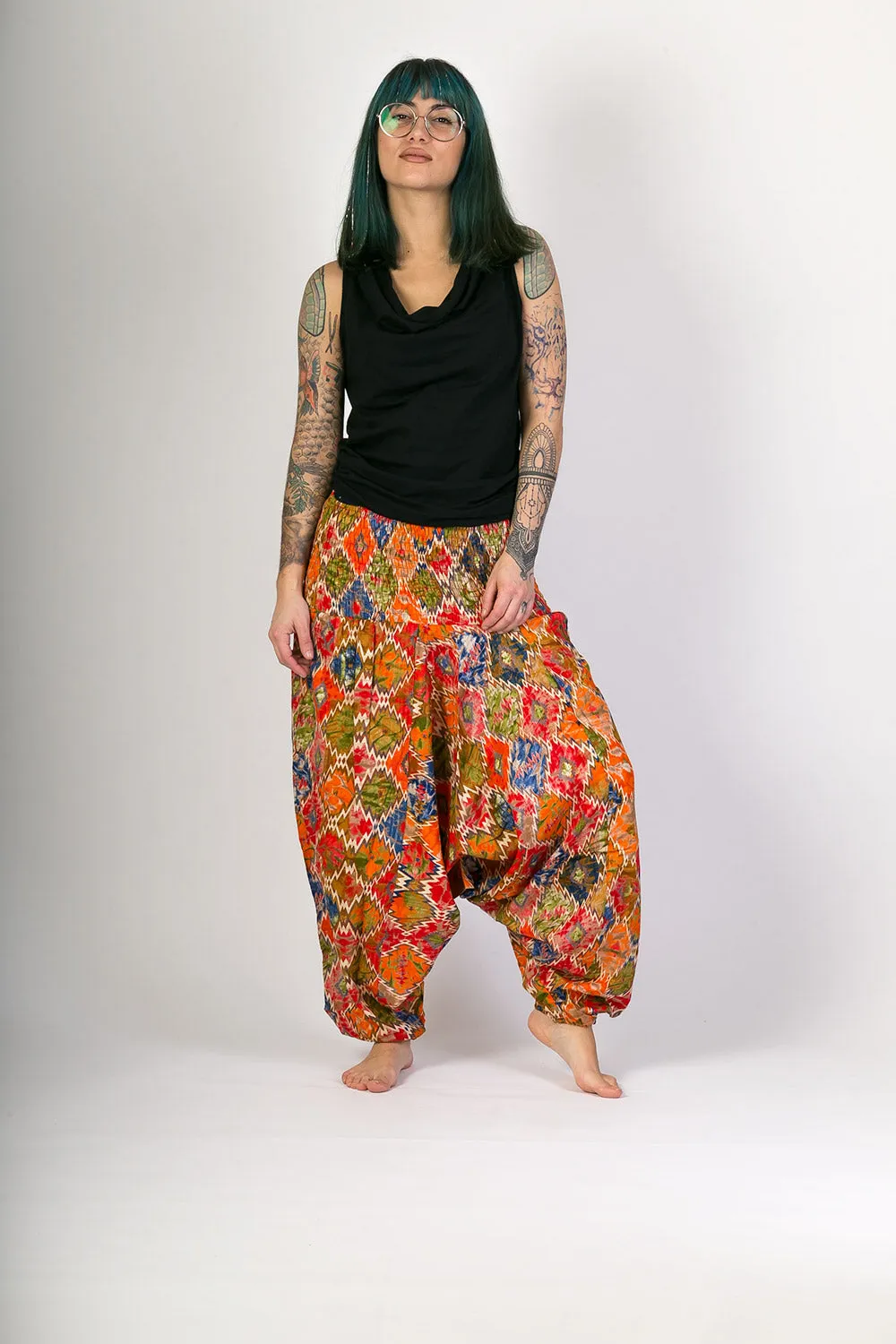 Orange Print Cotton Harem Yoga Jumpsuit Pants