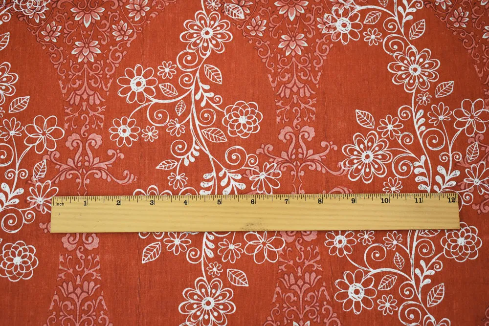 Orange-White-Multi Floral Baroque Printed Linen Woven Fabric