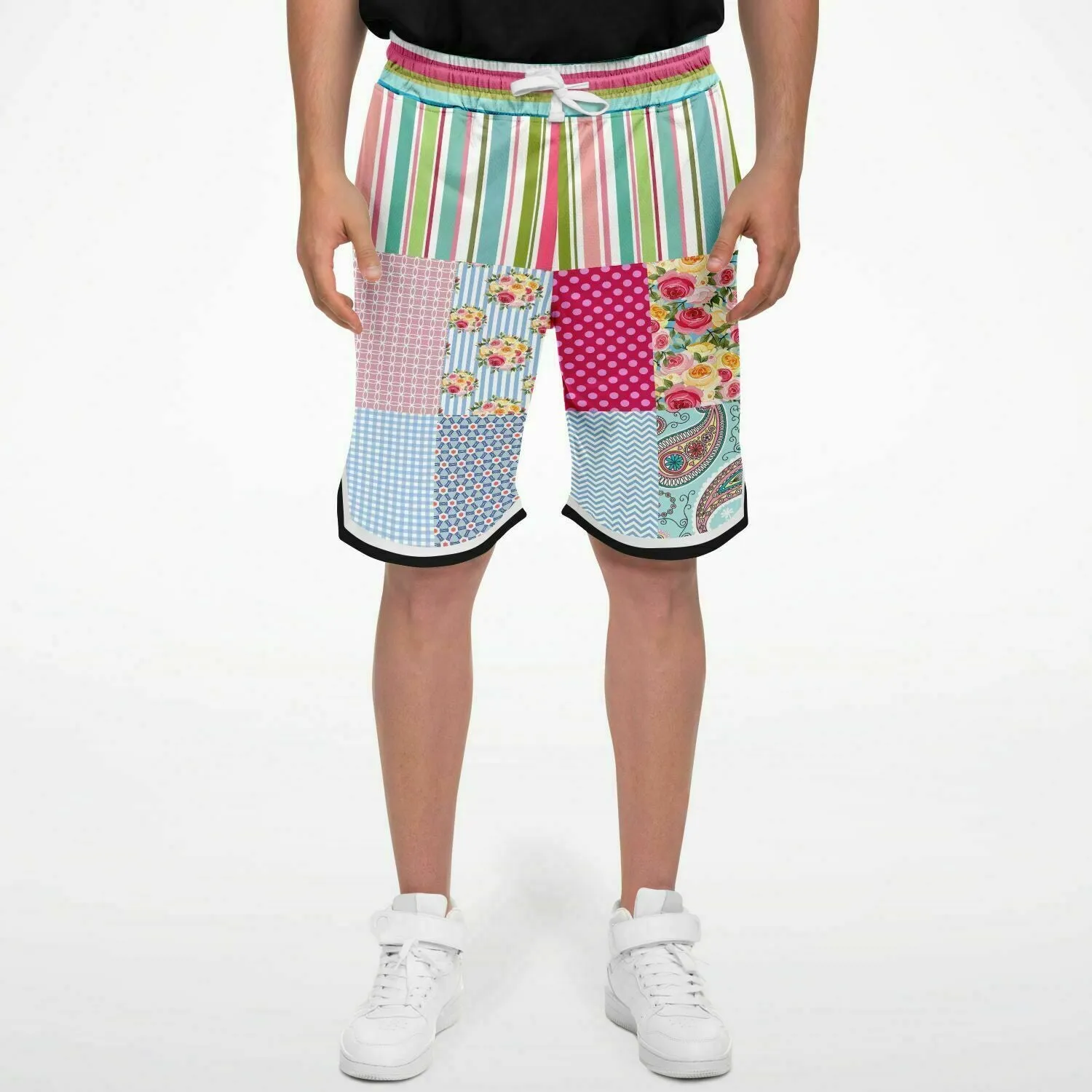 Pink Sherbert Floral Patchwork Plaid Basketball Shorts