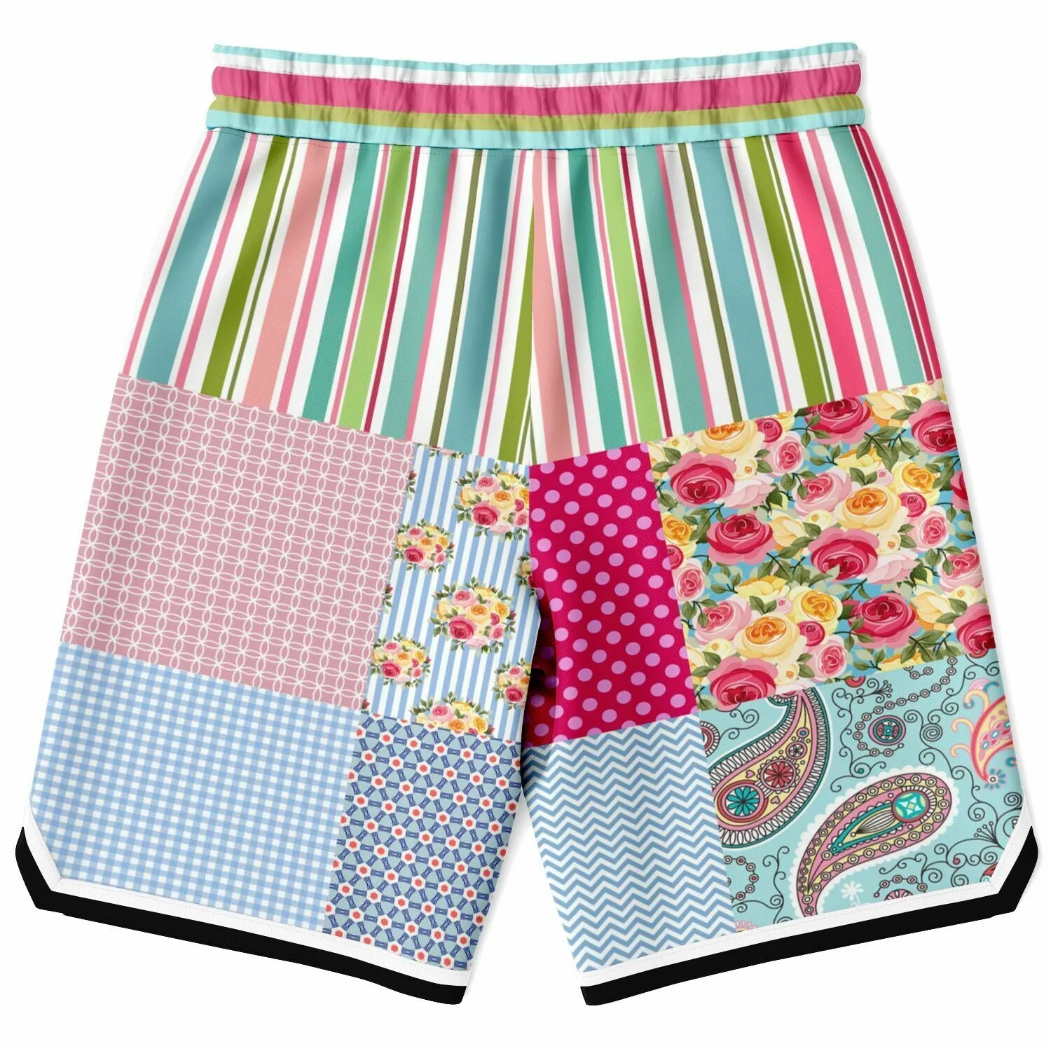 Pink Sherbert Floral Patchwork Plaid Basketball Shorts