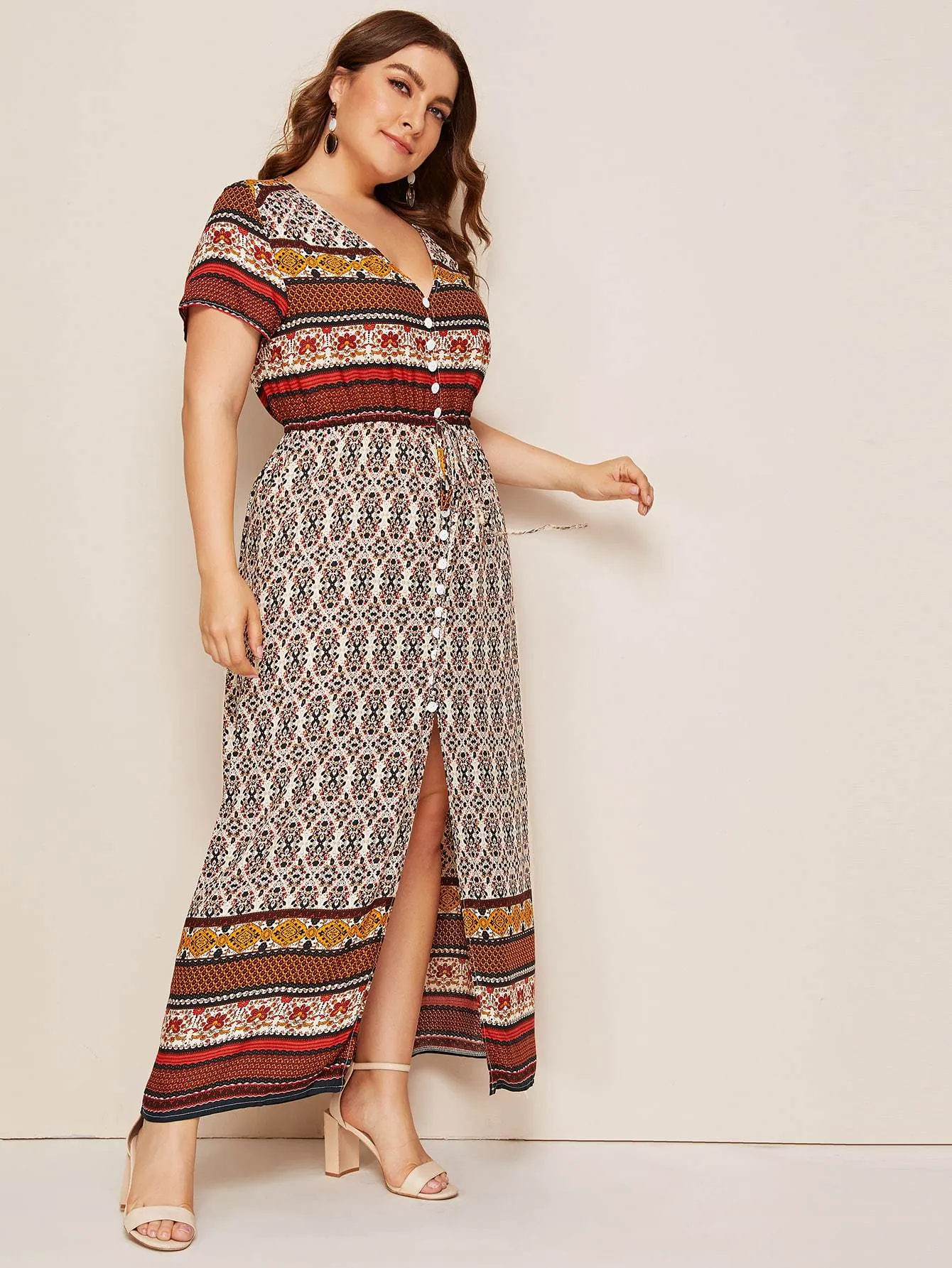 Plus Tribal Print Button Dress