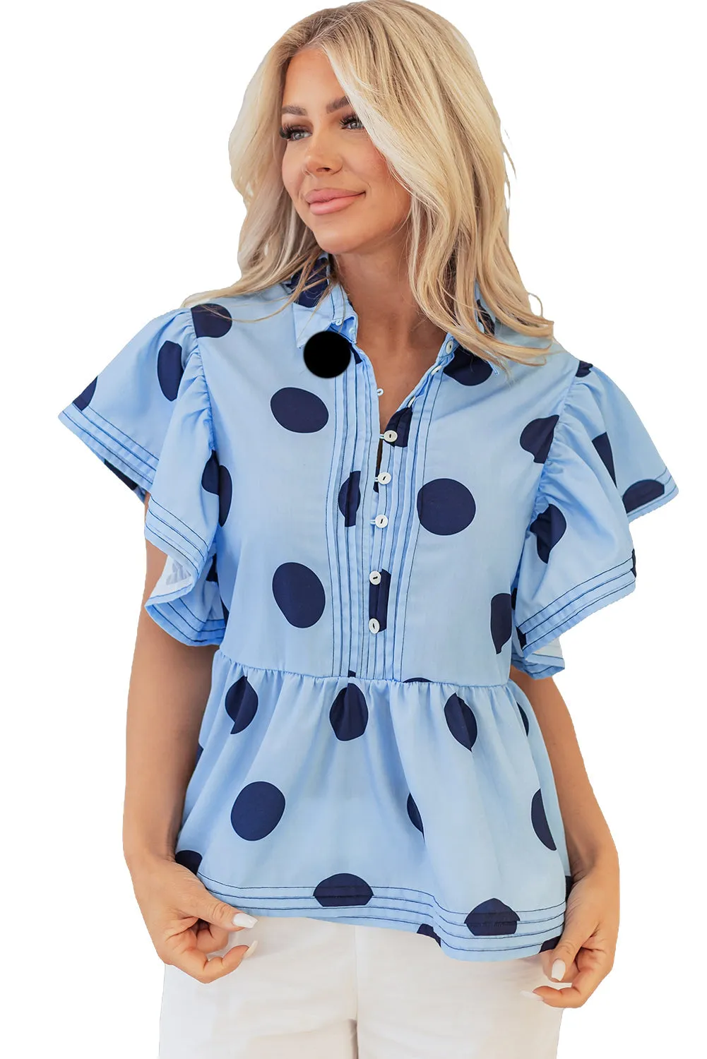 Polka Dot Ruffled Short Sleeve Blouse