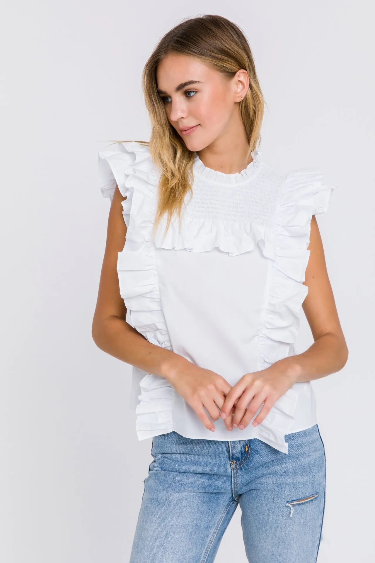 Poplin Smocked Ruffled Top