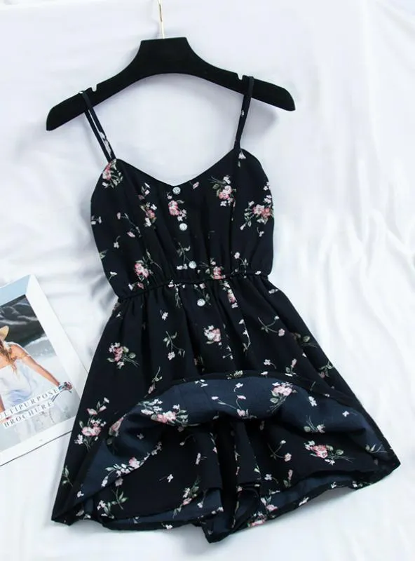 PRINT THIN STRAP SLEEVELESS BLACK DRESS