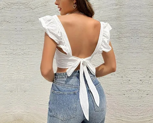 Ruffle Sleeve Open Back Crop Top - White