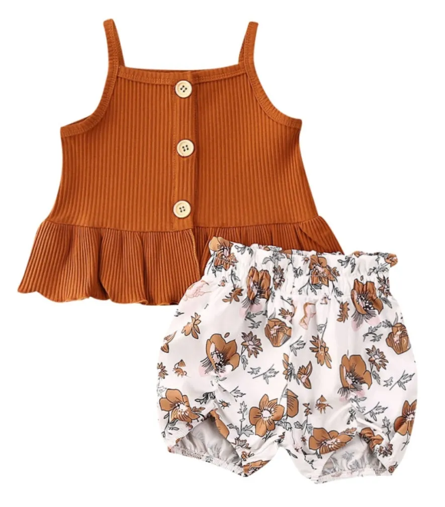 Rust Ribbed Spaghetti Top and Floral Shorts  #1000238