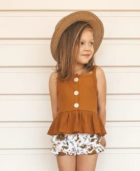 Rust Ribbed Spaghetti Top and Floral Shorts  #1000238