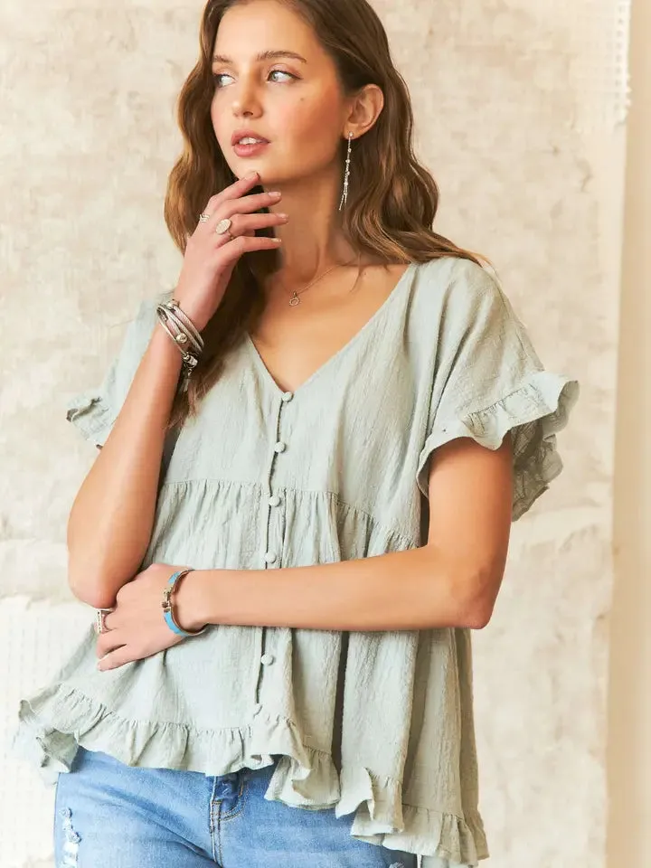 Sage Button Down Babydoll Blouse