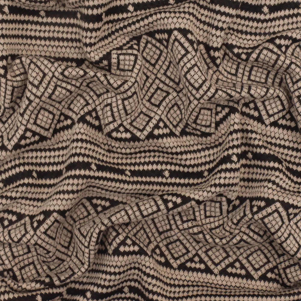 Sand Beige-Black Aztec Jacquard Stretch Polyester Double Knit Fabric