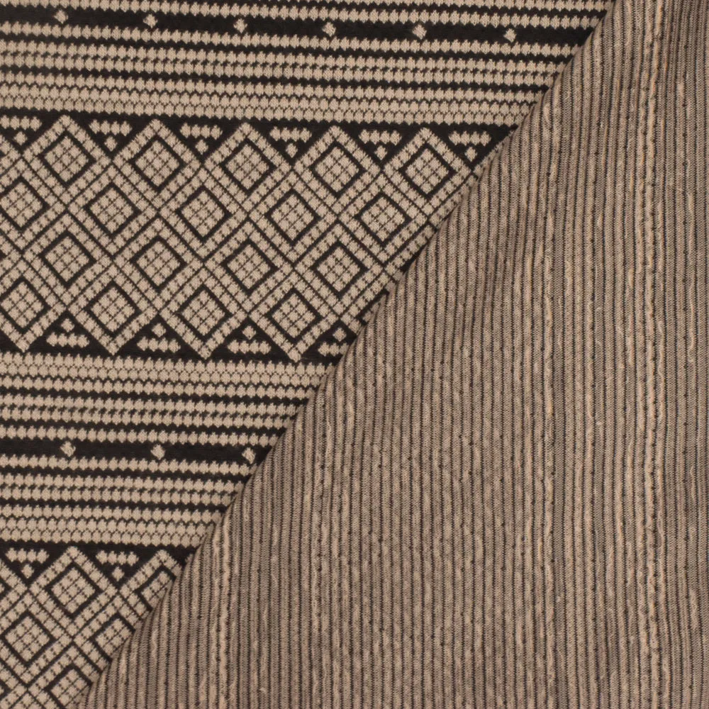 Sand Beige-Black Aztec Jacquard Stretch Polyester Double Knit Fabric