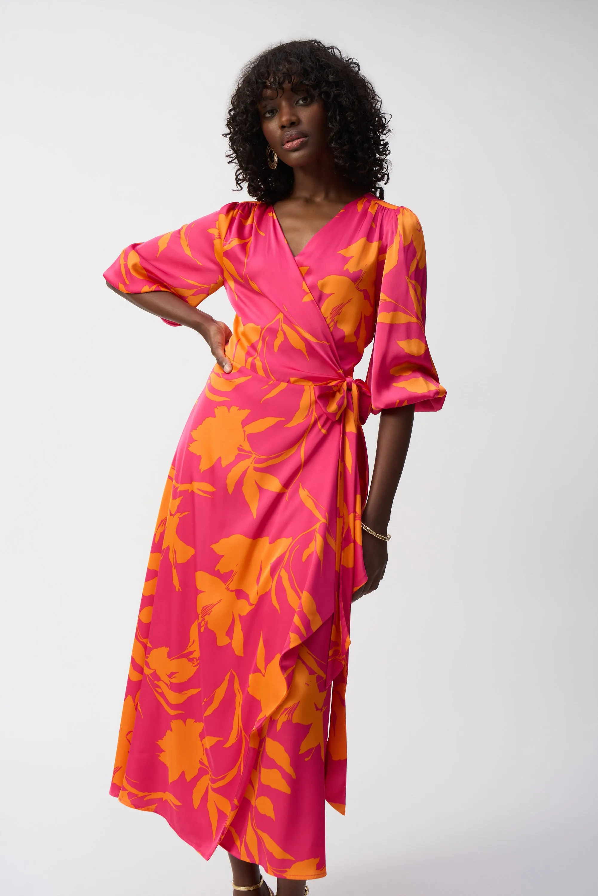 Satin Floral Print Wrap Dress