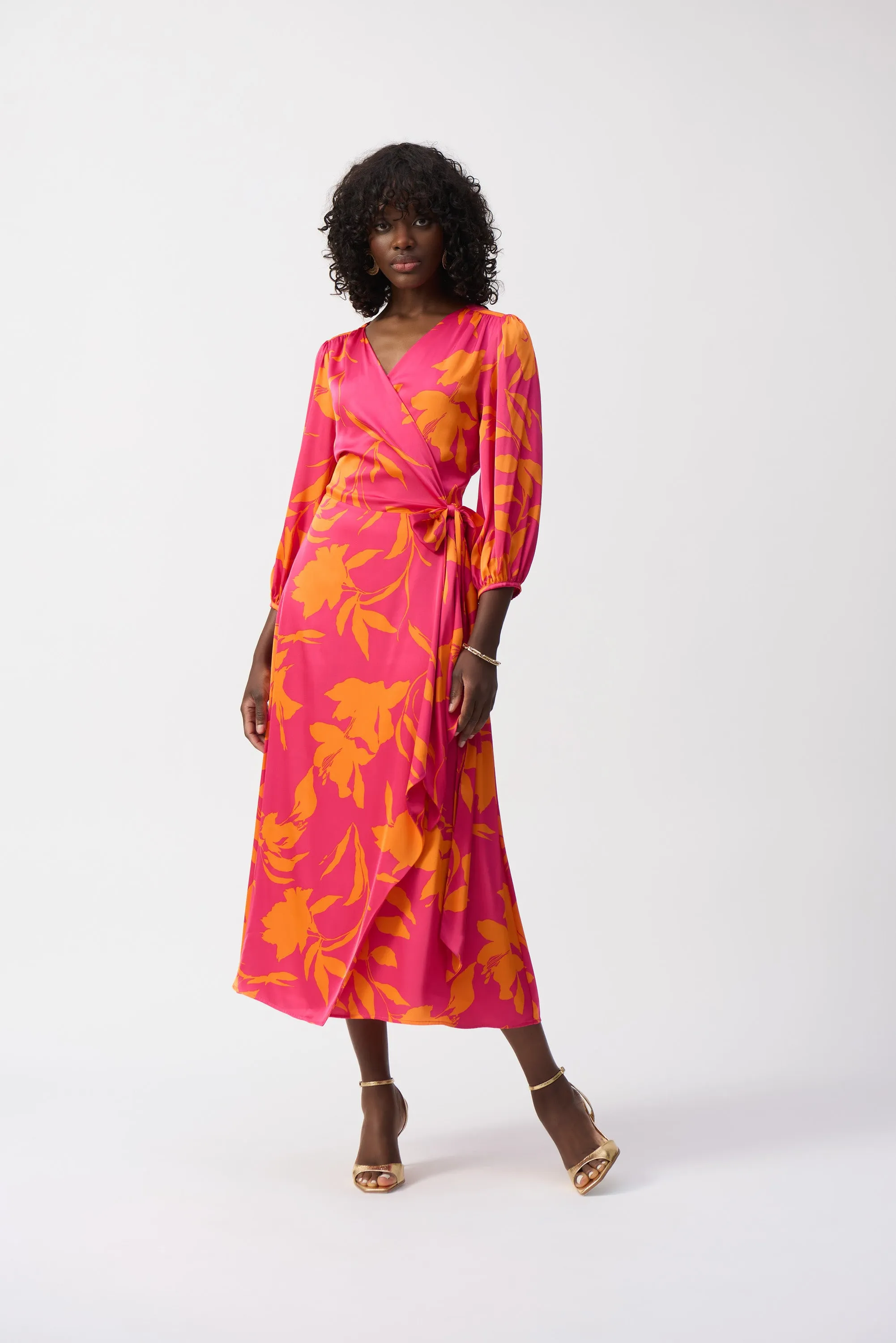 Satin Floral Print Wrap Dress