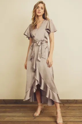 SATIN RUFFLED WRAP DRESS