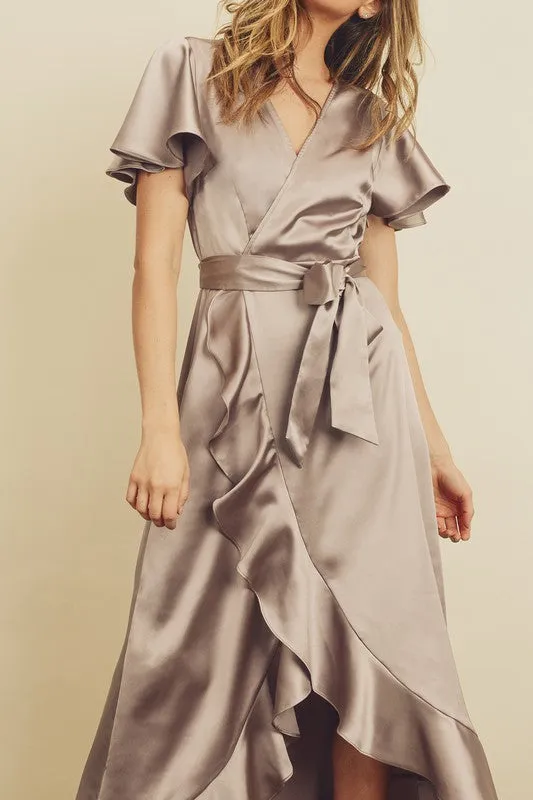 SATIN RUFFLED WRAP DRESS