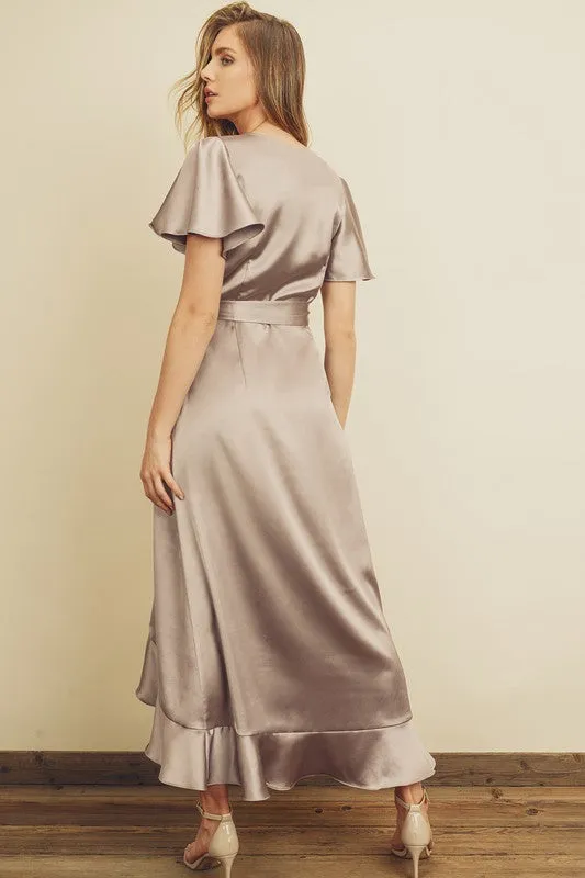 SATIN RUFFLED WRAP DRESS