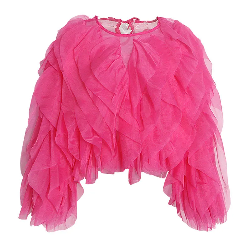 Semi Sheer Chiffon Layered Ruffle Puff Sleeve Round Neck Cropped Blouse