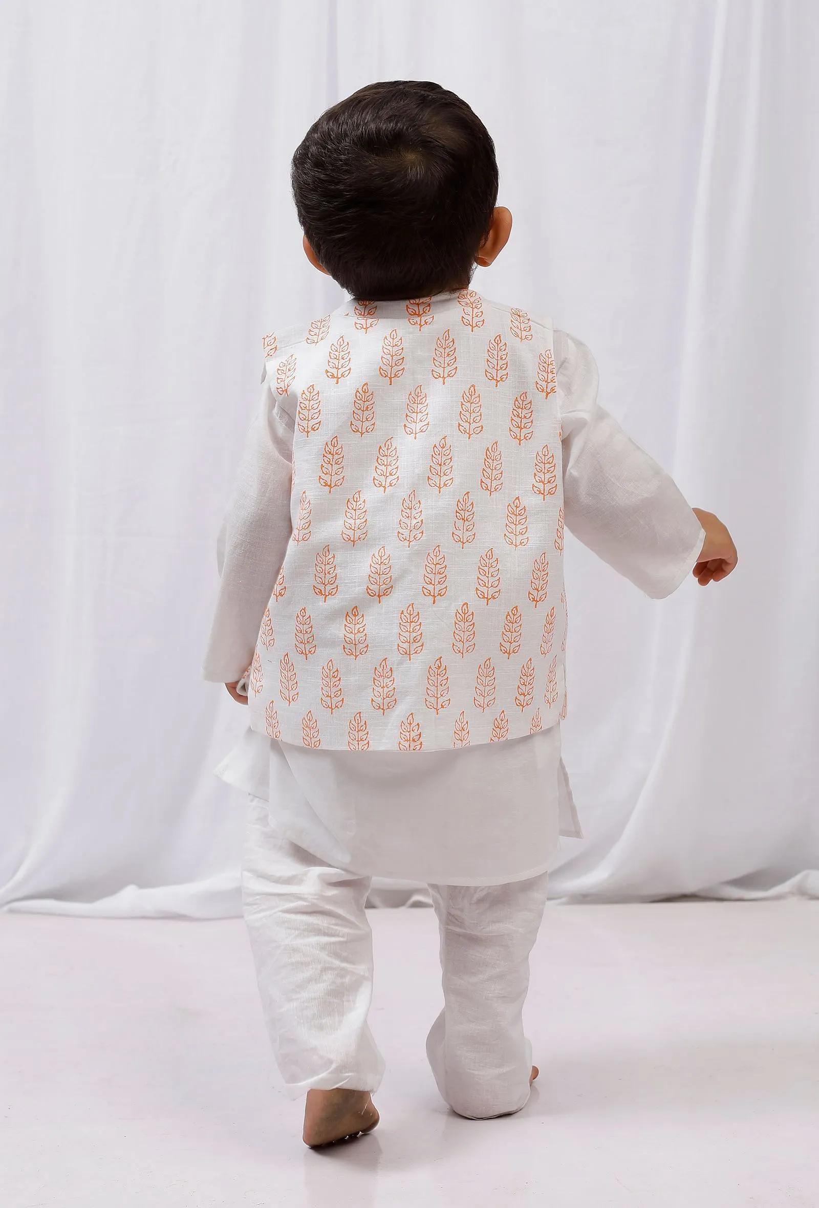 Set Of 3: White Cotton Kurta, Pajama & Orange Hand Block Printed Nehru Jacket