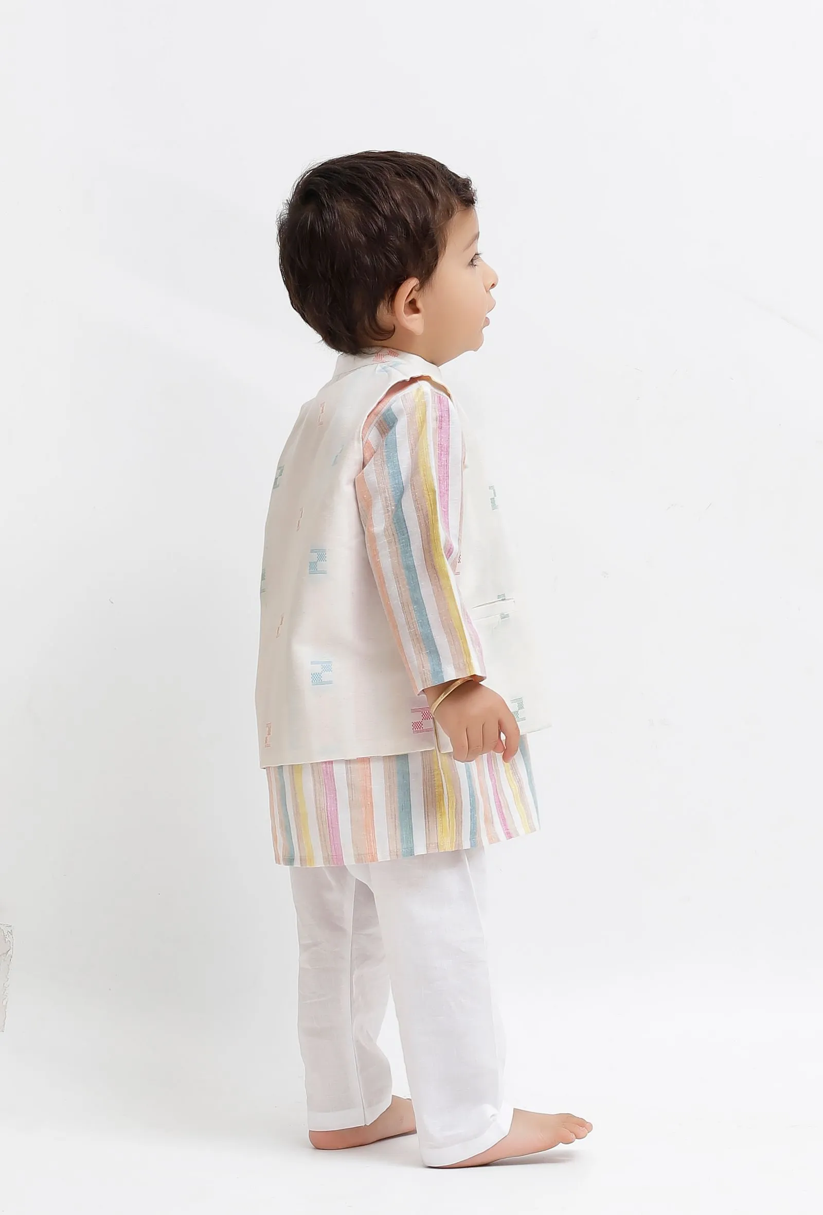 Set Of 3:  White Striped Kurta and White Pant with White Dobby Nehru Jacket