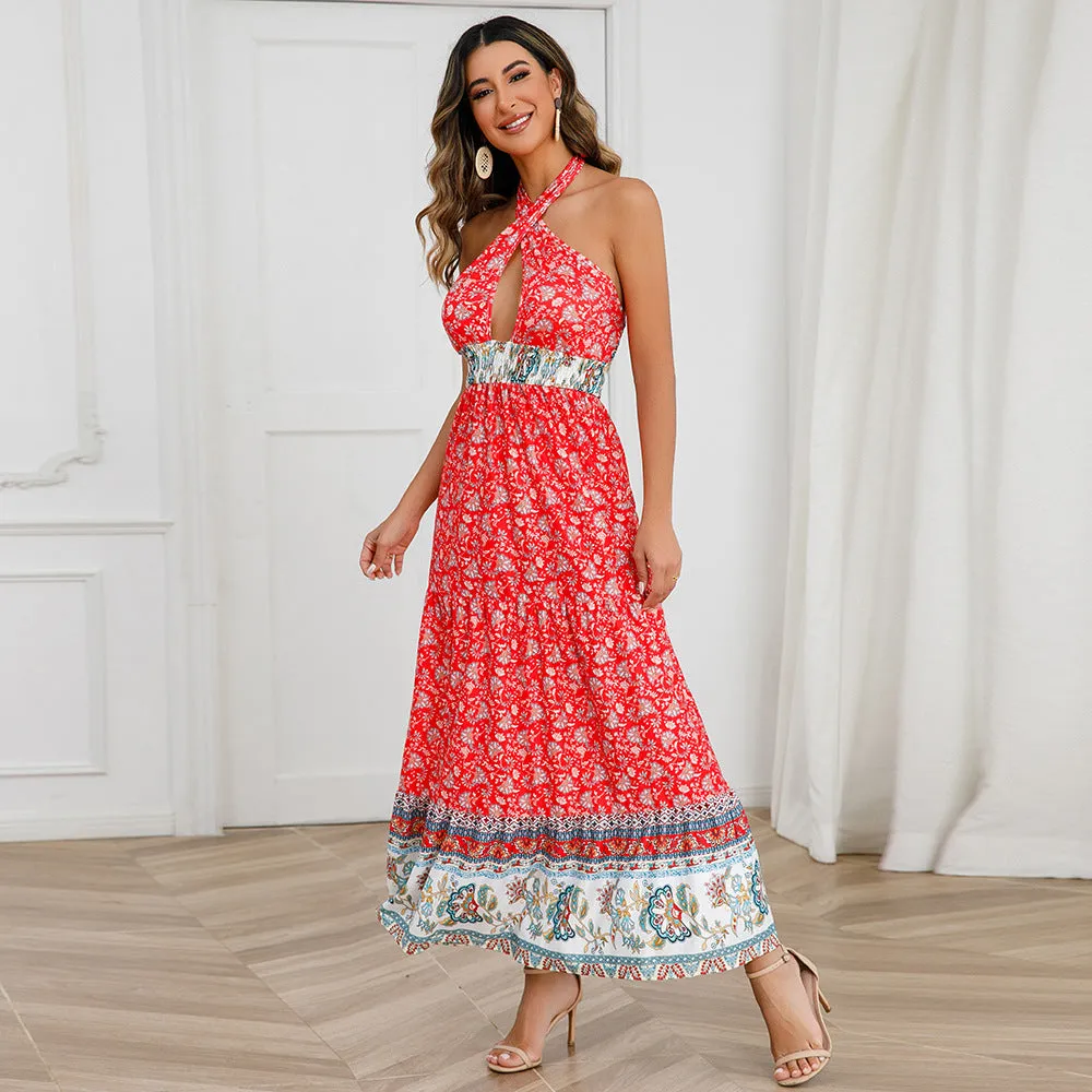 Sexy Lace Up Halterneck Hollow Floral Print Bohemian Dress Wholesale Dresses