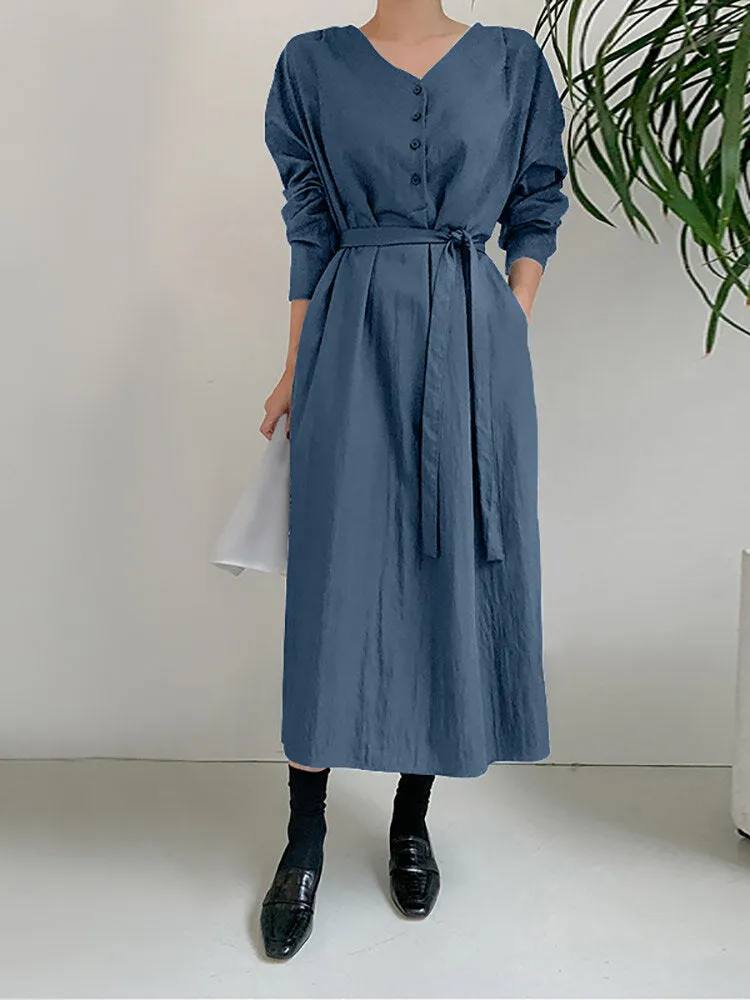 Solid Color Long Sleeve V-neck Shirt Dress With Belt