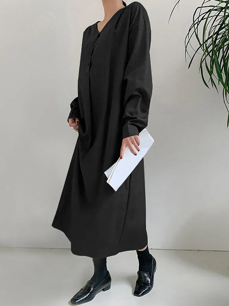 Solid Color Long Sleeve V-neck Shirt Dress With Belt