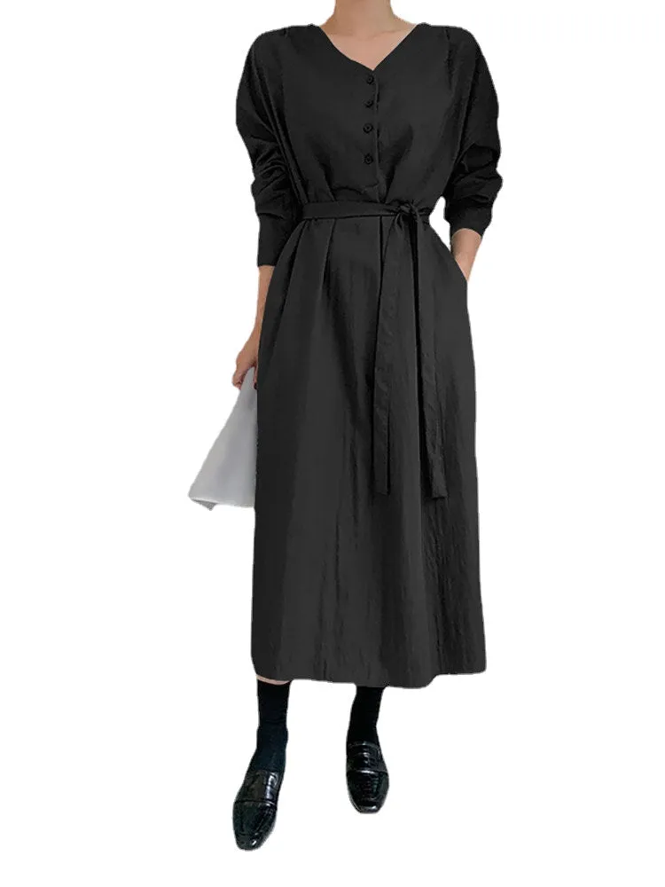 Solid Color Long Sleeve V-neck Shirt Dress With Belt