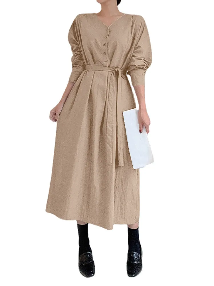 Solid Color Long Sleeve V-neck Shirt Dress With Belt