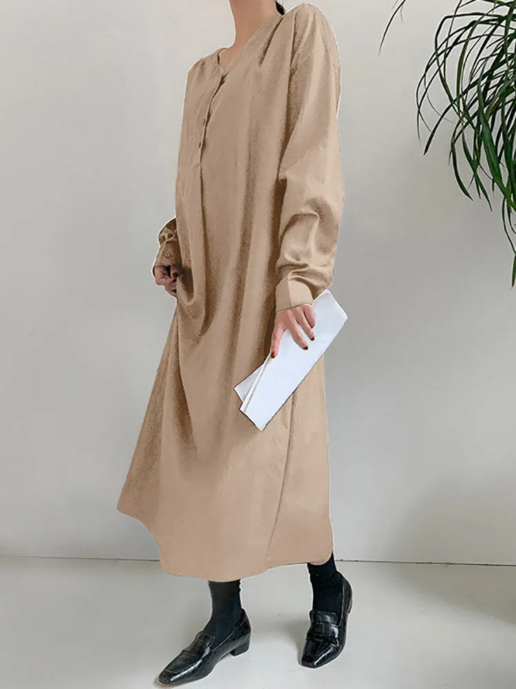 Solid Color Long Sleeve V-neck Shirt Dress With Belt