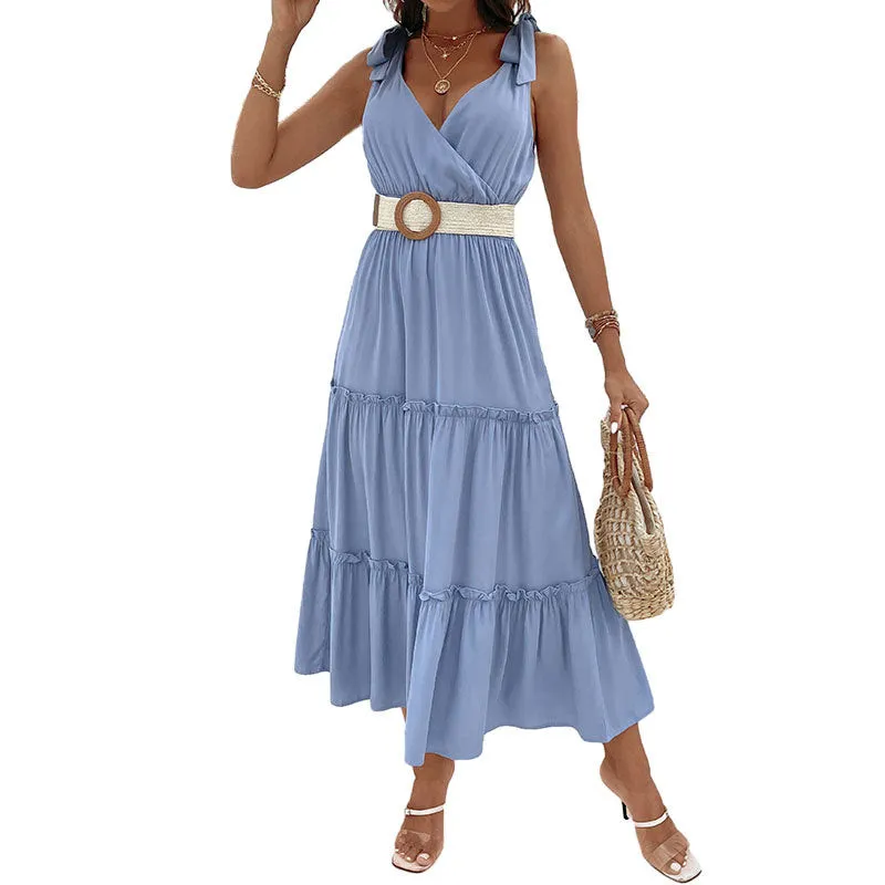 Solid Color V-Neck Strap High Waist Dress Wholesale Womens Clothing N3824022600062