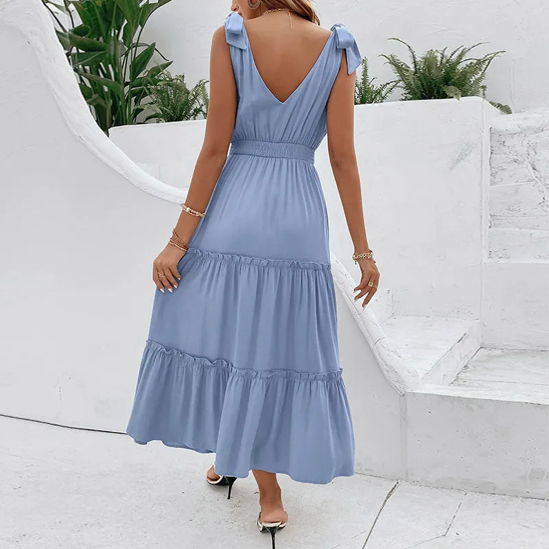 Solid Color V-Neck Strap High Waist Dress Wholesale Womens Clothing N3824022600062