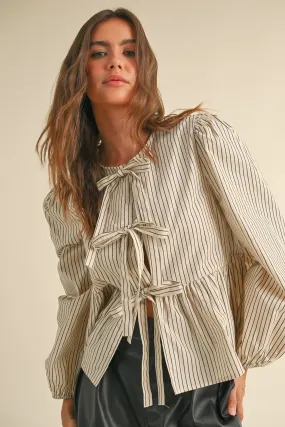 STRIPED WOVEN TIE BLOUSE